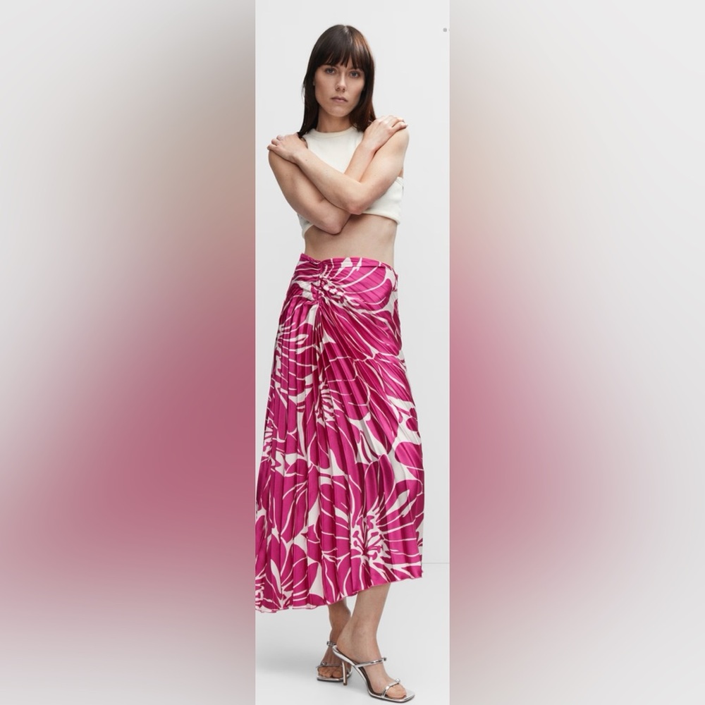 Mango: High-Waist Pink Floral Wrap Midi Skirt